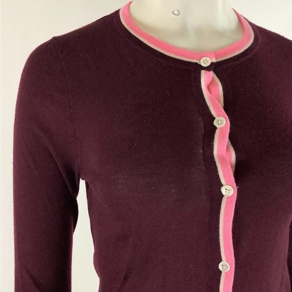 J Crew Sz S 100% Merino Wool Tippi Button Front Cardigan Maroon Lightweight - Picture 2 of 6